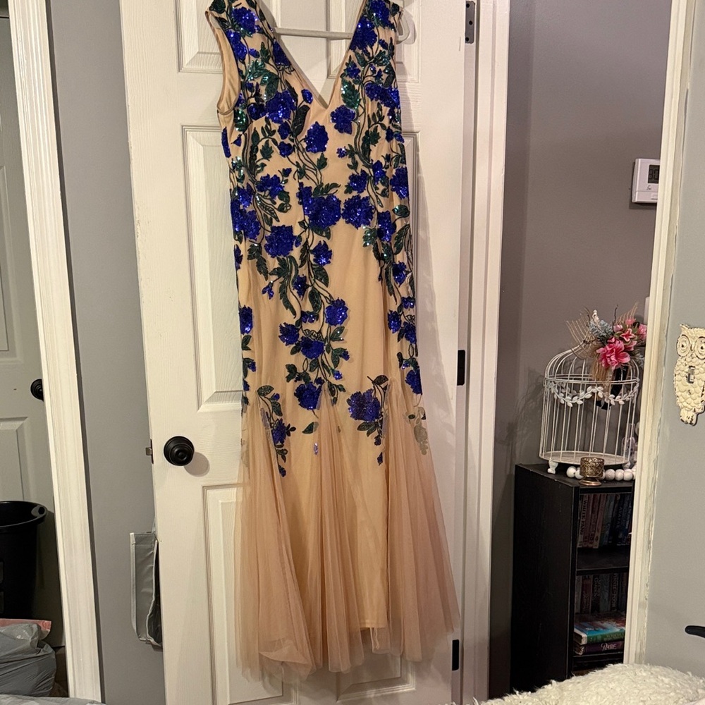 Angel Beige and Blue Floral Prom Dress